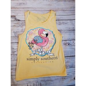 S Simply Southern Shirt Womens Yellow Pink Flamingo Hey Yall Tank Small